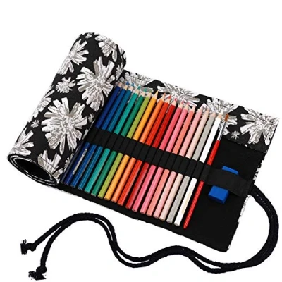 Image of Amoyie Hand Roll Up Pen Bag Canvas Organiser for 48 Coloring Pencil Artist Carrier Wrap Kid Adult