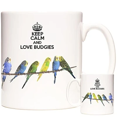 Image of Budgerigar Mug, Keep Calm and Love Budgies. 11oz Ceramic Gift Mug Featuring for Budgie Keepers Breeders.