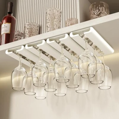 Image of Vaisoeny Wine Glass Holder, 4Pack Holder Under Cabinet, No Drilling Installation Rack, Stemware Hanging Rack for Kitchen and Bar (White)