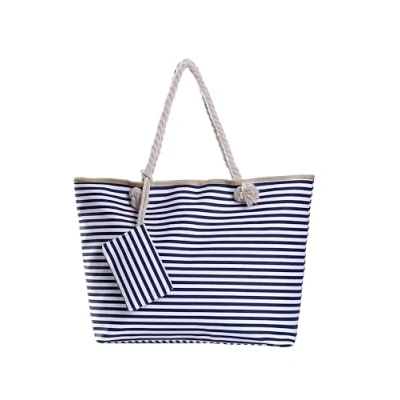 Image of DonDon Large Beach bag for women with zip Waterproof Pool holiday Maritime Stripes Dark Blue White