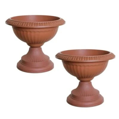 Image of Classical Round Grecian URN Patio Pots 42 CM Flower Planter Outdoor Or Indoor Plant Plastic Base Home Office Garden Wedding Porch Front Door Set Of 2 (Terracotta)