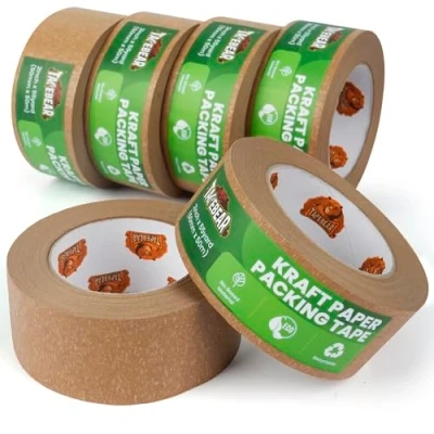 Image of TAPEBEAR Kraft Paper Packing Tape 50mm x 50m, Eco Friendly &amp; Recyclable Brown Heavy Duty Parcel Biodegradable for Packaging, Moving and Multi use, 6Rolls