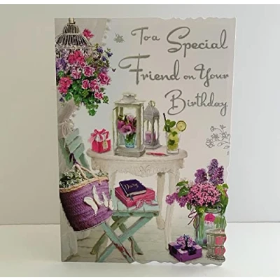 Image of Jonny Javelin Female Special Friend Birthday Card Mint Chair Flowers