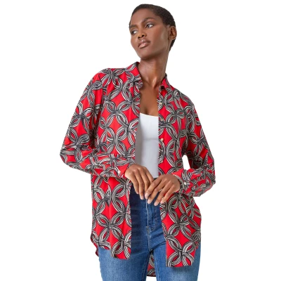 Image of Roman Originals Shirt for Women Ladies Cotton Blouse Button Through Tunic Printed Top Work Long Sleeve Smart Casual Going Out Office V Neck Everyday Evening Event Red White Black Size 12