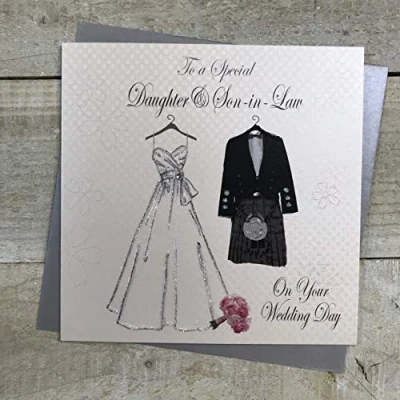 Image of White Cotton Cards To a Special Daughter and Son in Law on Your Wedding Day Bride Gown Kilt Handmade Scottish Card, PS2