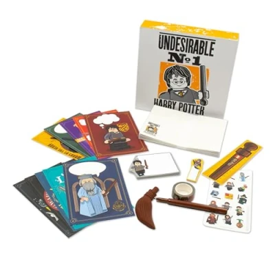Image of LEGO Harry Potter Box Set Pen Pal, Includes Letterhead, Envelopes, Broomstick Gel Pen, Post Cards, Sticker Sheet, Roll Paper Tape, Sticky Note Pad, Bookmark, Page Marker ages 6+