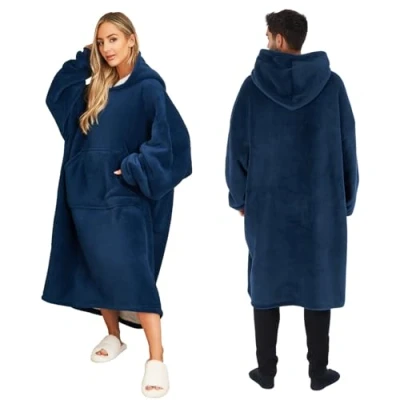 Image of Sienna Extra Long Oversized Blanket Hoodie Wearable Throw with Pockets Sleeves Soft Sherpa Fleece Giant Sweatshirt, Navy Blue