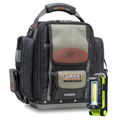 Image of Pro Pac MB5B Technician Tool Bag with 500 Lumen Inspection Light 14 Litre Professional Tradesman Heavy Duty Toolbag Unilite &amp; Veto Tools Meter Storage Backpack or Carry