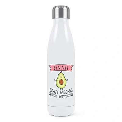 Image of Beware Crazy Avocado Lady Double Wall Water Bottle Insulated Stainless Steel Sports Drinks 500ml White