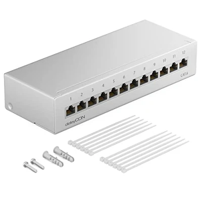 Image of deleyCON CAT 6 Patch Panel Distribution 12 Port 1 U Desktop &amp; Wall Mounting Shielded 12x RJ45 Socket LAN Network Installation Cable TIA568A TIA568B RAL 7035 Light Grey