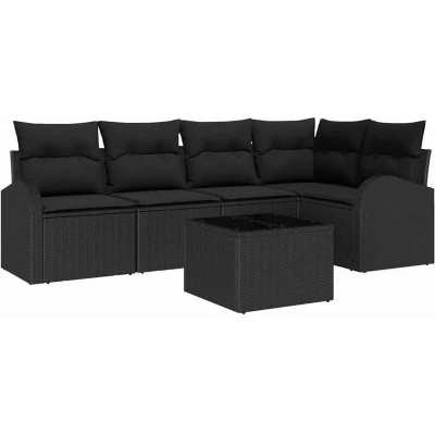 Image of vidaXL 6 Piece Garden Sofa Set with Cushions Black Poly Rattan
