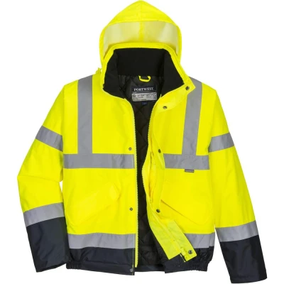 Image of Portwest Hi Vis Two Tone Bomber Jacket, Size: L, Colour: Yellow/Navy, S266YNRL