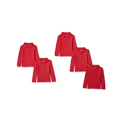 Image of Amazon Essentials Girls&#039; Long Sleeve Interlock Polo Shirts, Pack of 5, Red, 9 Years