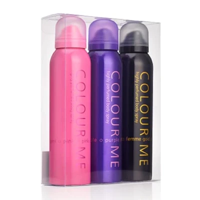 Image of COLOUR ME Pink/Purple/Gold Femme Triple Pack, Fragrance for Women, 3 x 150ml Body Spray, by Milton Lloyd