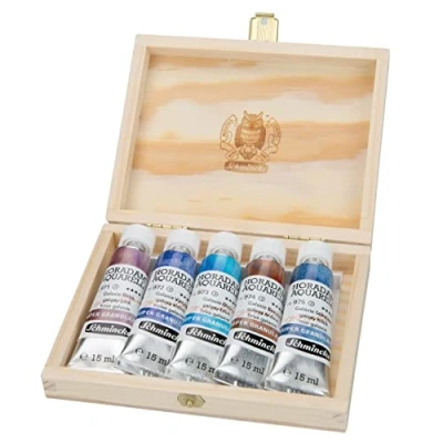Image of Schmincke HORADAM® AQUARELL, Super Granulation Set Galaxy, 5 x 15 ml tubes, 74 842 097, wooden box, very strong granulating colours, finest, supergranulating watercolours