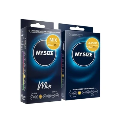 Image of MY.SIZE Mix Set Size 3, 53 mm: 10 Classic Condoms + in 4 exciting Varieties, with Flavor, Color, Ribbed &amp;