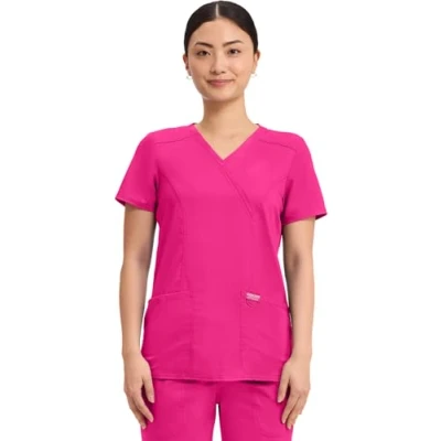 Image of CHEROKEE Women Woman Scrub Top Revolution Medical Clothing Mock Wrap with Pockets WWE610 Electric Pink 3XL
