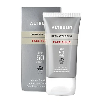 Image of Altruist Dermatologist Sunscreen Fluid SPF Superior 5star UVA face protection by Dr Andrew Birnie premium antioxidant, White, Unscented, 50 millilitre