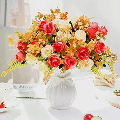 Image of LESING Artificial Silk Rose with Vase Fake Flowers Wedding Bouquets Arrangement Home Office Party Centerpiece Table Decoration (Sunset 1)