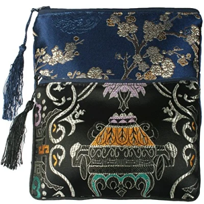 Image of kilofly Chinese Silk Brocade Padded Tassel Zipper Jewelry Pouch Bag, 6 inch, Set2 a