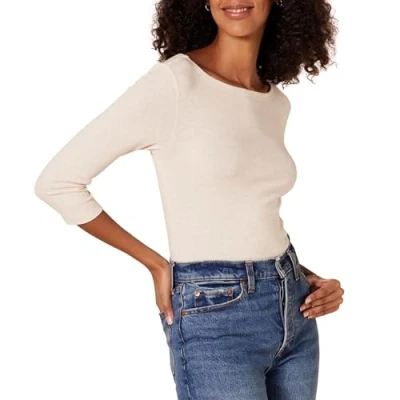 Image of Amazon Essentials Women&#039;s Slim Fit 3/4 Sleeve Boat Neck T Shirt, Oatmeal Heather, XXL