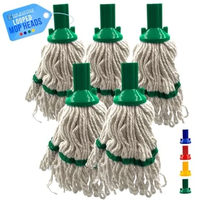 Image of Green Looped Cotton Mop Heads Replacement with Absorbent Yarn, Self Threading Floor Head, Mops for Hard Floor, Tiles, Wood, Laminate Color Coded Commercial Cleaning Pack of 5