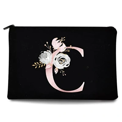 Image of 26 Letter Printed Zip Canvas Pouch Makeup Bag Make Up Bag, Cosmetic Travel Bag,Toiletry Bag,Organizer Bags,Toiletry Bags, Bride Bridesmaid Bag,Pencil Bag,Wash Bag,Coin Purse (Pink Flower C)