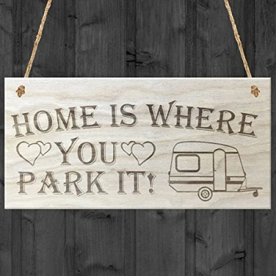 Image of Red Ocean Home Is Where You Park It Caravan Love Hearts Wooden Hanging Plaque Gift Sign