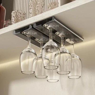 Image of Vaisoeny Wine Glass Holder, 2Pack Holder Under Cabinet, No Drilling Installation Rack, Stemware Hanging Rack for Kitchen and Bar (Gery)