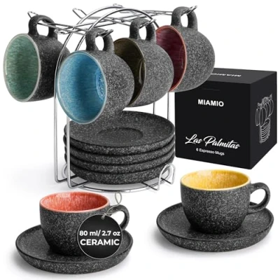 Image of MIAMIO 80 ml Ceramic Stackable Espresso Cups with Saucers and Metal Stand, Set of 6 Cup, Demitasse Cups, Coffee Mugs for Espresso, Latte, Café Mocha &amp; Tea Las Palmitas Collection