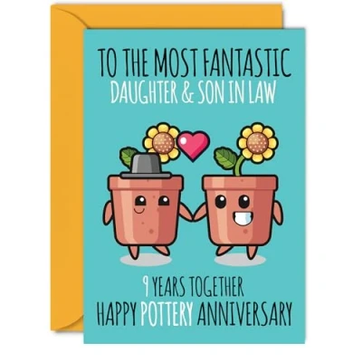 Image of Cute Pottery Anniversary Card for Daughter &amp; Son In Law 9 Years Together Happy 9th Wedding Cards Daughter, A5 Greeting Ninth Anniversaries