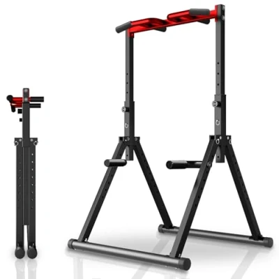 Image of WATBKHE Power Tower Pull Up Dip Station Bar Adjustable, Multifunction Home Gym, Strength Training Equipment, Triangular Design, 700LBS Weight Capacity Red