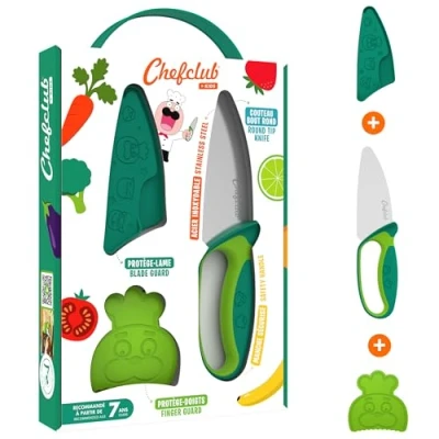 Image of CHEFCLUB KIDS Kitchen Knife Set for Children Stainless Steel Blade Finger Guard and Protection Safe Ergonomic Tool Green Color