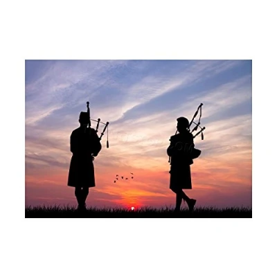 Image of Wee Blue Coo Photo Mock Up Silhouette Sunset Scottish Pipers Wall Art Print