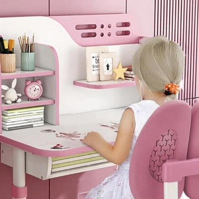 Image of Ehozirta Kids study desk chair Set,Height Adjustable child and set School table for kids,kids with gift, children Large Writing Board, Bookshelf Drawer Pink