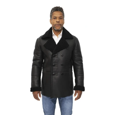 Image of Infinity Men&#039;s Black Double Breasted Real Sheepskin Pea Coat 3XL