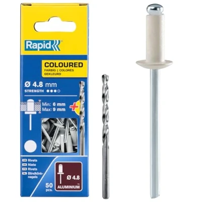 Image of Rapid High Performance White Aluminium Rivets, Ø4.8 x 12 mm 4mm Rivets for Gutters, Piping, and Sheet Metal Includes Drill 50 Pieces, Carton Boxed (5001468)