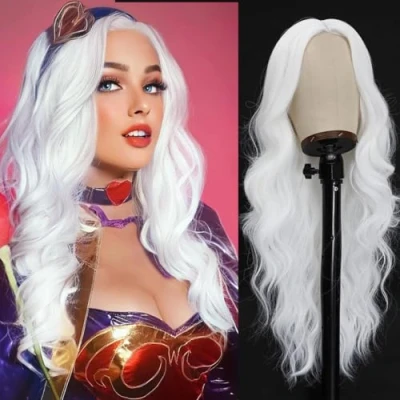 Image of PORSMEER Long White Wigs for Women Natural Wavy Curly Synthetic Hair Wig Costume Cosplay Party or Daily Wear 24 inches Platinum Blonde