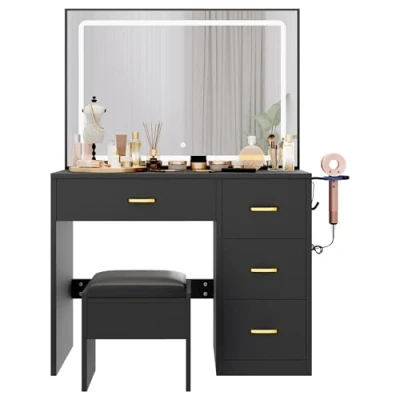 Image of YITAHOME Dressing Table &amp; stool set,Vanity Desk w/ 3 Color Lighting Modes LED Lights Mirror,Lights Brightness Adjustable,Vanity with 4 Drawers,Power Outlet,Black Makeup for Bedroom
