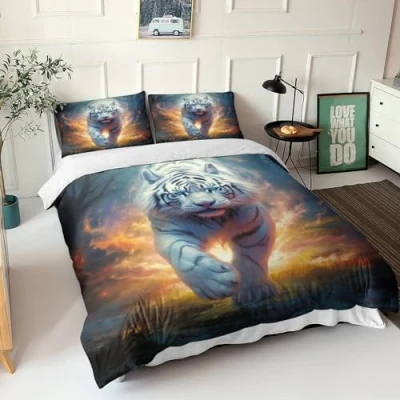 Image of GEEYOU White Tiger Duvet Cover Microfiber Bedding Set, 3D Print Animal Quilt Pillowcase, With Zipper Closure, Soft Comforter for Men Woman Kids 3 Piece Set Double（200x200cm）