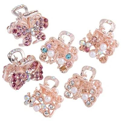 Image of Lurrose 6pcs Rhinestone Small Jaw Claw Pearl Hair Clip Metal Crystal Bow Butterfly Mini Clamps Barrettes for Baby Girls Women