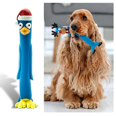 Image of 10&quot; Long Squeaky Dog Toys LATEX Chew Standing Stick Gifts Reindeer Rudolph Teething Puppy Fetch Interactive for Boredom Small Medium Pet (Blue, Penguin)