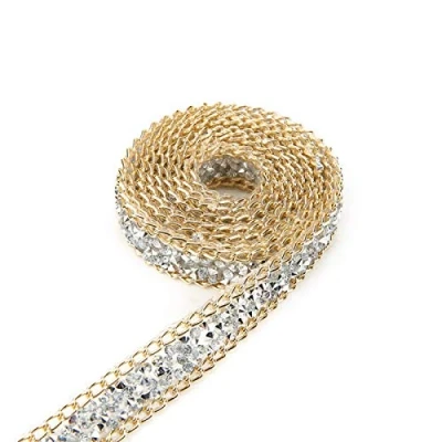 Image of 5 Yards 15mm Gold Edge Silver Diamond Wrap Roll Rhinestones Ribbon Decoration