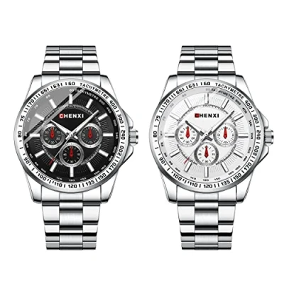 Image of JewelryWe Pair of Watches Luminous Partner Watch: 2pcs 30m Waterproof Calendar Analogue Quartz Couples Wrist Watch Black Stainless Steel Bracelet Friendship Clock with Roman Numerals,