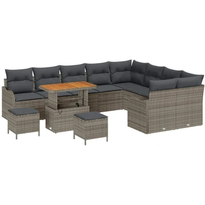 Image of vidaXL 12 Piece Garden Sofa Set with Cushions Grey Poly Rattan Acacia