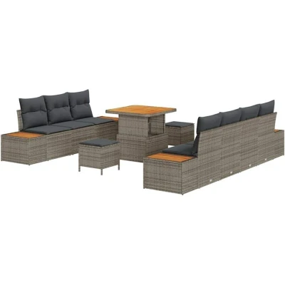 Image of vidaXL 10 Piece Garden Sofa Set with Cushions Grey Poly Rattan Acacia