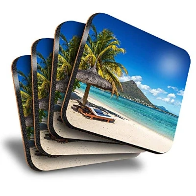 Image of Destination Vinyl ltd Great Coasters (Set of 4) Square Mauritius Beach Tropical Drink Glossy Coasters/Tabletop Protection for Any Table Type #16660