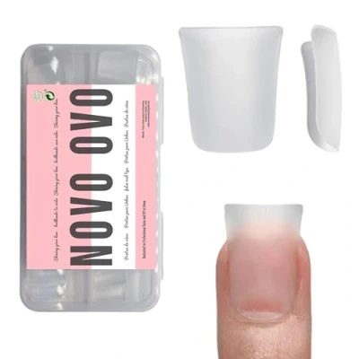 Image of NOVO OVO Duck Nail Tips Extra Short, Full Cover for Press On Acrylic, Clear Pre etched applied Tip Primer &amp; Base Coat Soft Gel Fake False Extension Coverage x 12 Sizes 120 pcs