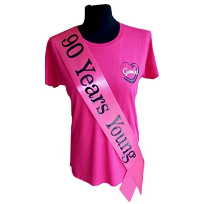 Image of Gemini Ribbons Pink 90 Years Young 90th Birthday Sash Holographic Party Womens Mens Gift