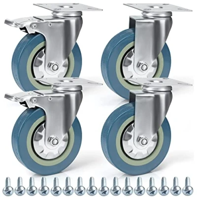 Image of Kurtzy 4 Pack Heavy Duty Swivel Castor Wheels 100mm Casters with Rubber Wheels, Screws, Locking Brakes and Metal Plates Max Load 280kg / 617lbs For Trolleys, Moving Furniture Workbenches